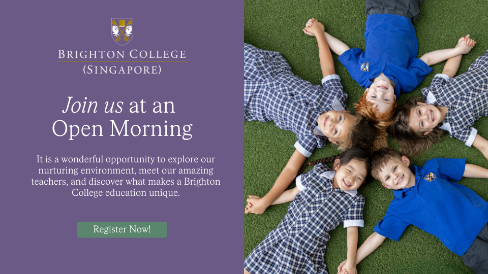 Smiling Brighton College (Singapore) pupils lie in a circle on the grass, holding hands, beside text inviting families to an Open Morning.